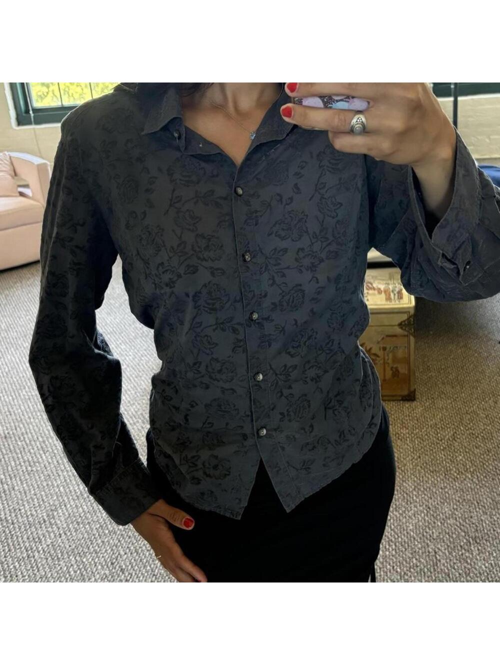 J. Jill Navy Blue Rose Jacquard Button Down Shirt Size L Dark Floral Blouse